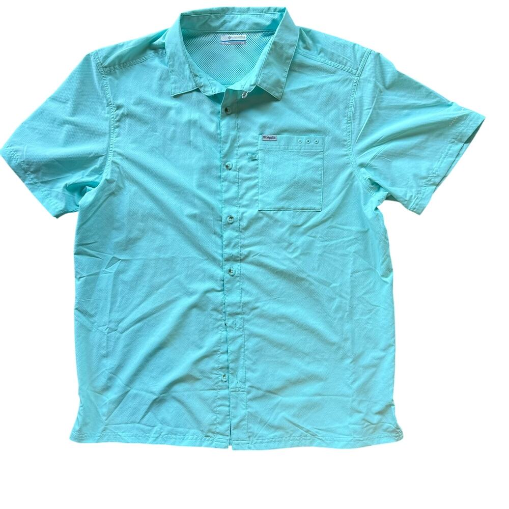 Columbia PFG Fishing Shirt Modern Mens Large Aqua Blue Short Sleeve Button Down
